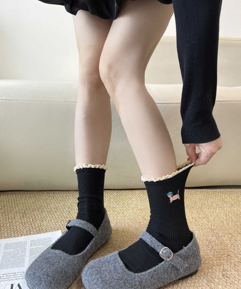 フリルソックス 犬柄 コットン靴下可愛い レース付き 柔らかいリブソックス 刺しゅう入り レディース 蒸れない綿靴下 韓国風 ガーリーなショートソックス春夏秋冬 92SJY-001