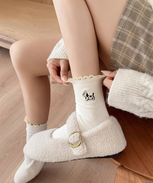 フリルソックス 犬柄 コットン靴下可愛い レース付き 柔らかいリブソックス 刺しゅう入り レディース 蒸れない綿靴下 韓国風 ガーリーなショートソックス春夏秋冬 92SJY-001