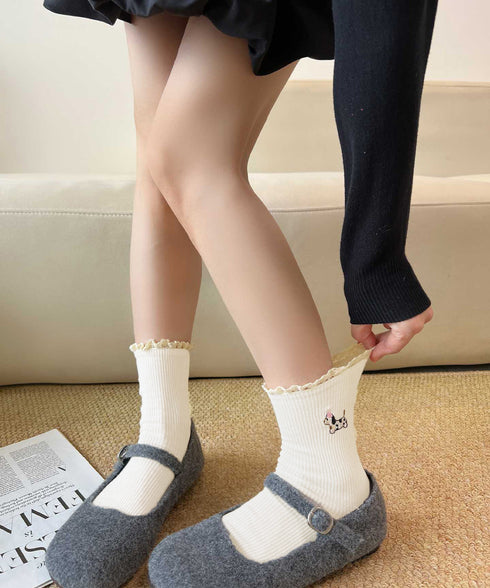 フリルソックス 犬柄 コットン靴下可愛い レース付き 柔らかいリブソックス 刺しゅう入り レディース 蒸れない綿靴下 韓国風 ガーリーなショートソックス春夏秋冬 92SJY-001