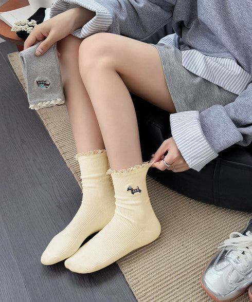フリルソックス 犬柄 コットン靴下可愛い レース付き 柔らかいリブソックス 刺しゅう入り レディース 蒸れない綿靴下 韓国風 ガーリーなショートソックス春夏秋冬 92SJY-001