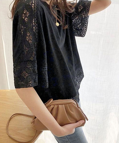 袖レース切り替え5分袖Tシャツカットソー レディースレーストップス 透け感袖カットソーきれいめ 体型カバー 大人オフィスカジュアル 上品春夏服ゆったりクルーネック 92SSJIALI-001