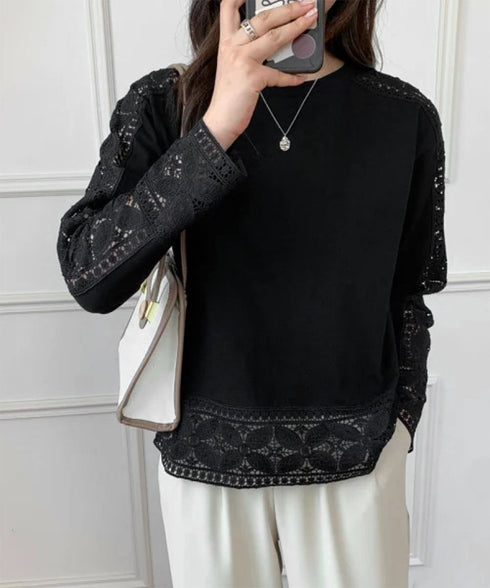 袖レース切り替え5分袖Tシャツカットソー レディースレーストップス 透け感袖カットソーきれいめ 体型カバー 大人オフィスカジュアル 上品春夏服ゆったりクルーネック 92SSJIALI-001