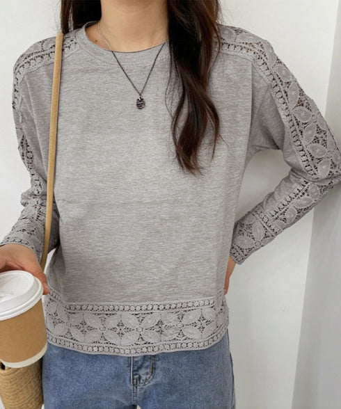 袖レース切り替え5分袖Tシャツカットソー レディースレーストップス 透け感袖カットソーきれいめ 体型カバー 大人オフィスカジュアル 上品春夏服ゆったりクルーネック 92SSJIALI-001
