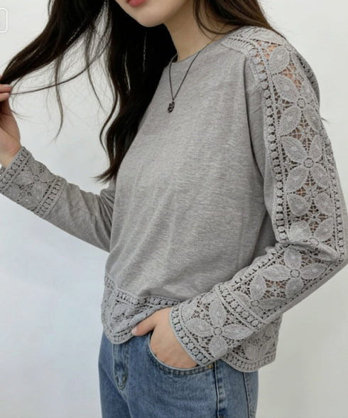 袖レース切り替え5分袖Tシャツカットソー レディースレーストップス 透け感袖カットソーきれいめ 体型カバー 大人オフィスカジュアル 上品春夏服ゆったりクルーネック 92SSJIALI-001