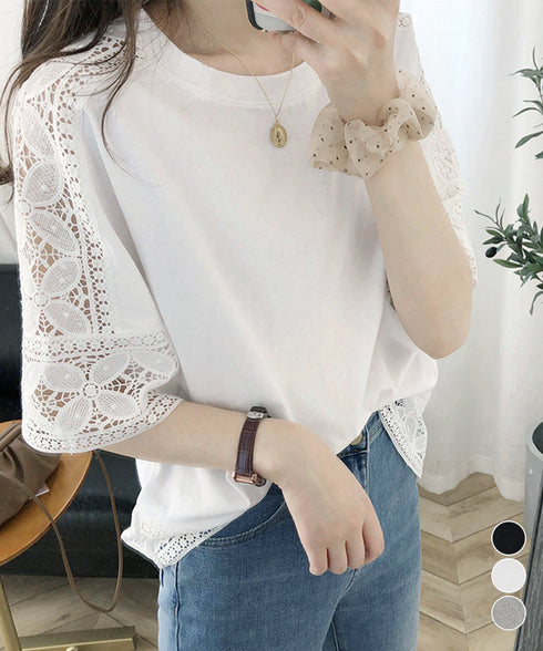 袖レース切り替え5分袖Tシャツカットソー レディースレーストップス 透け感袖カットソーきれいめ 体型カバー 大人オフィスカジュアル 上品春夏服ゆったりクルーネック 92SSJIALI-001