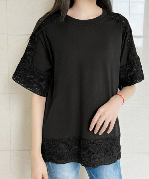 袖レース切り替え5分袖Tシャツカットソー レディースレーストップス 透け感袖カットソーきれいめ 体型カバー 大人オフィスカジュアル 上品春夏服ゆったりクルーネック 92SSJIALI-001