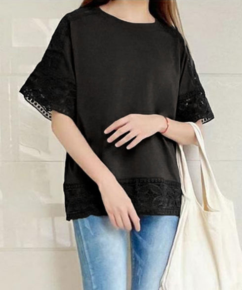 袖レース切り替え5分袖Tシャツカットソー レディースレーストップス 透け感袖カットソーきれいめ 体型カバー 大人オフィスカジュアル 上品春夏服ゆったりクルーネック 92SSJIALI-001
