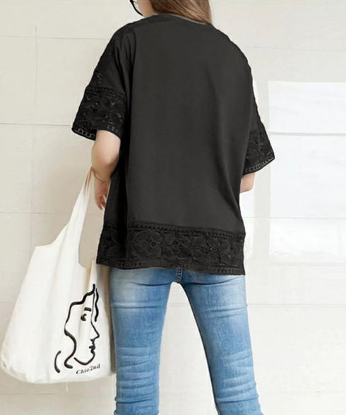 袖レース切り替え5分袖Tシャツカットソー レディースレーストップス 透け感袖カットソーきれいめ 体型カバー 大人オフィスカジュアル 上品春夏服ゆったりクルーネック 92SSJIALI-001