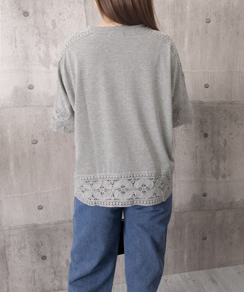 袖レース切り替え5分袖Tシャツカットソー レディースレーストップス 透け感袖カットソーきれいめ 体型カバー 大人オフィスカジュアル 上品春夏服ゆったりクルーネック 92SSJIALI-001