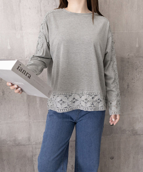 袖レース切り替え5分袖Tシャツカットソー レディースレーストップス 透け感袖カットソーきれいめ 体型カバー 大人オフィスカジュアル 上品春夏服ゆったりクルーネック 92SSJIALI-001