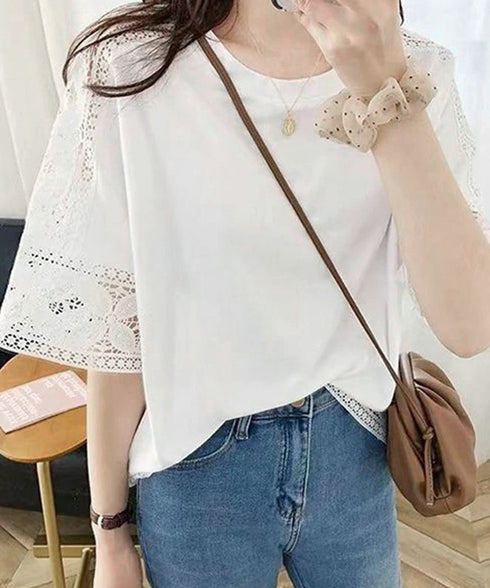 袖レース切り替え5分袖Tシャツカットソー レディースレーストップス 透け感袖カットソーきれいめ 体型カバー 大人オフィスカジュアル 上品春夏服ゆったりクルーネック 92SSJIALI-001