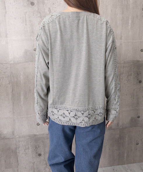 袖レース切り替え5分袖Tシャツカットソー レディースレーストップス 透け感袖カットソーきれいめ 体型カバー 大人オフィスカジュアル 上品春夏服ゆったりクルーネック 92SSJIALI-001