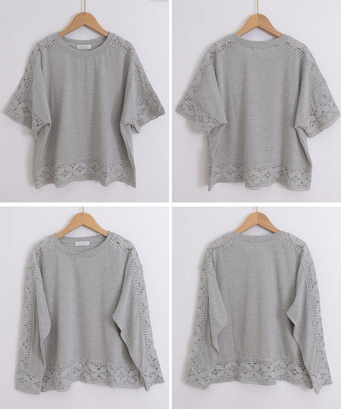 袖レース切り替え5分袖Tシャツカットソー レディースレーストップス 透け感袖カットソーきれいめ 体型カバー 大人オフィスカジュアル 上品春夏服ゆったりクルーネック 92SSJIALI-001