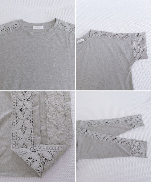 袖レース切り替え5分袖Tシャツカットソー レディースレーストップス 透け感袖カットソーきれいめ 体型カバー 大人オフィスカジュアル 上品春夏服ゆったりクルーネック 92SSJIALI-001