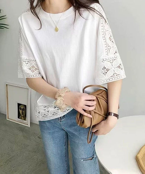 袖レース切り替え5分袖Tシャツカットソー レディースレーストップス 透け感袖カットソーきれいめ 体型カバー 大人オフィスカジュアル 上品春夏服ゆったりクルーネック 92SSJIALI-001