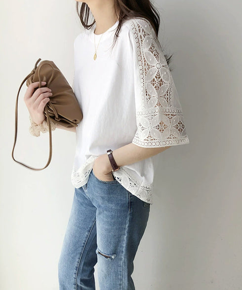 袖レース切り替え5分袖Tシャツカットソー レディースレーストップス 透け感袖カットソーきれいめ 体型カバー 大人オフィスカジュアル 上品春夏服ゆったりクルーネック 92SSJIALI-001