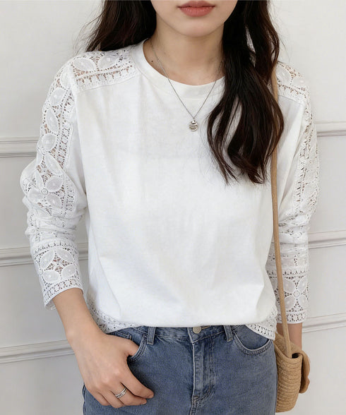 袖レース切り替え5分袖Tシャツカットソー レディースレーストップス 透け感袖カットソーきれいめ 体型カバー 大人オフィスカジュアル 上品春夏服ゆったりクルーネック 92SSJIALI-001