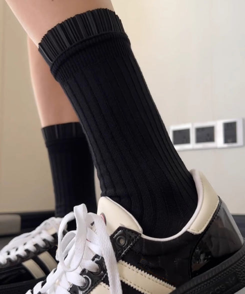 プリーツフリルソックス ミドル丈無地靴下 レディース フェミニン リブソックス 通勤通学ガーリー靴下 韓国ファッション 春夏秋冬 蒸れない綿靴下 プリーツソックス 92SUXIANG-001