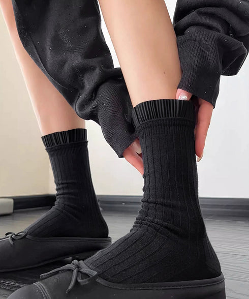 プリーツフリルソックス ミドル丈無地靴下 レディース フェミニン リブソックス 通勤通学ガーリー靴下 韓国ファッション 春夏秋冬 蒸れない綿靴下 プリーツソックス 92SUXIANG-001