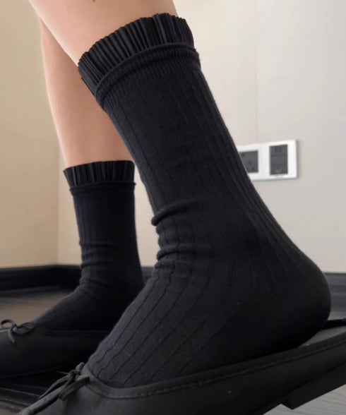 プリーツフリルソックス ミドル丈無地靴下 レディース フェミニン リブソックス 通勤通学ガーリー靴下 韓国ファッション 春夏秋冬 蒸れない綿靴下 プリーツソックス 92SUXIANG-001