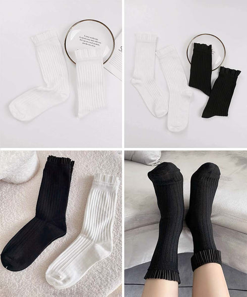 プリーツフリルソックス ミドル丈無地靴下 レディース フェミニン リブソックス 通勤通学ガーリー靴下 韓国ファッション 春夏秋冬 蒸れない綿靴下 プリーツソックス 92SUXIANG-001