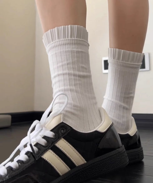 プリーツフリルソックス ミドル丈無地靴下 レディース フェミニン リブソックス 通勤通学ガーリー靴下 韓国ファッション 春夏秋冬 蒸れない綿靴下 プリーツソックス 92SUXIANG-001