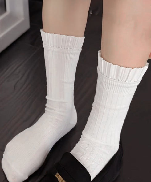 プリーツフリルソックス ミドル丈無地靴下 レディース フェミニン リブソックス 通勤通学ガーリー靴下 韓国ファッション 春夏秋冬 蒸れない綿靴下 プリーツソックス 92SUXIANG-001