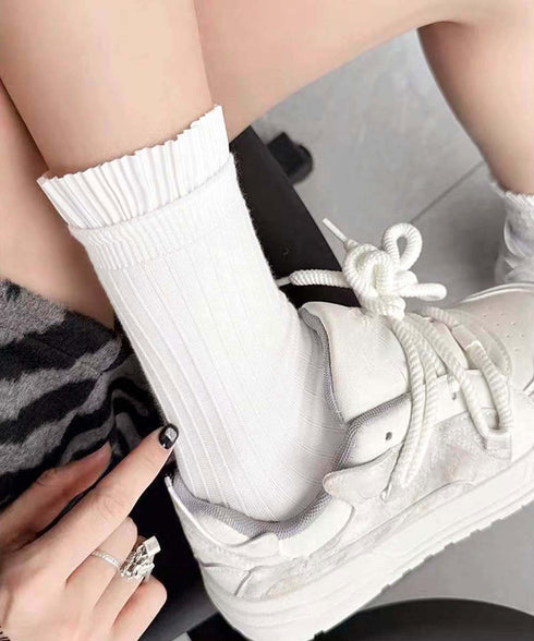 プリーツフリルソックス ミドル丈無地靴下 レディース フェミニン リブソックス 通勤通学ガーリー靴下 韓国ファッション 春夏秋冬 蒸れない綿靴下 プリーツソックス 92SUXIANG-001