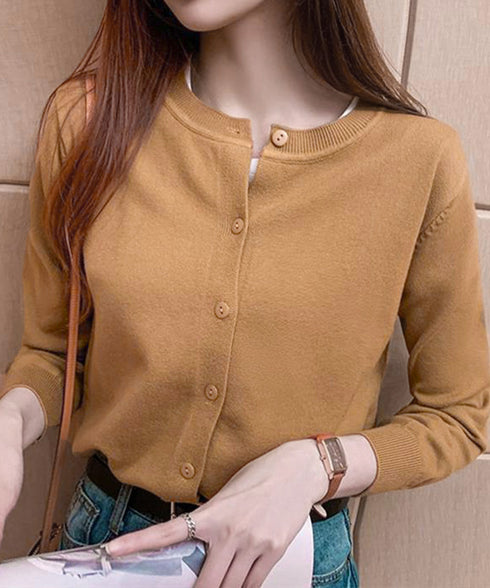 クルーネックニットカーディガン シンプル レディース ニット羽織り 長袖ニットトップス 着回し おしゃれ 前開きニットウェア無地 冷房対策 通学通勤ニットアウター 92SYL-001