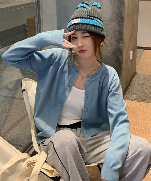 クルーネックニットカーディガン シンプル レディース ニット羽織り 長袖ニットトップス 着回し おしゃれ 前開きニットウェア無地 冷房対策 通学通勤ニットアウター 92SYL-001