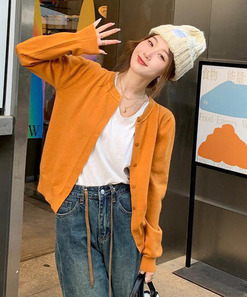 クルーネックニットカーディガン シンプル レディース ニット羽織り 長袖ニットトップス 着回し おしゃれ 前開きニットウェア無地 冷房対策 通学通勤ニットアウター 92SYL-001