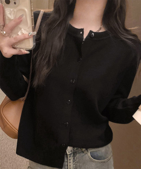 クルーネックニットカーディガン シンプル レディース ニット羽織り 長袖ニットトップス 着回し おしゃれ 前開きニットウェア無地 冷房対策 通学通勤ニットアウター 92SYL-001