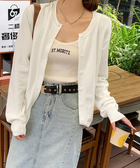 クルーネックニットカーディガン シンプル レディース ニット羽織り 長袖ニットトップス 着回し おしゃれ 前開きニットウェア無地 冷房対策 通学通勤ニットアウター 92SYL-001