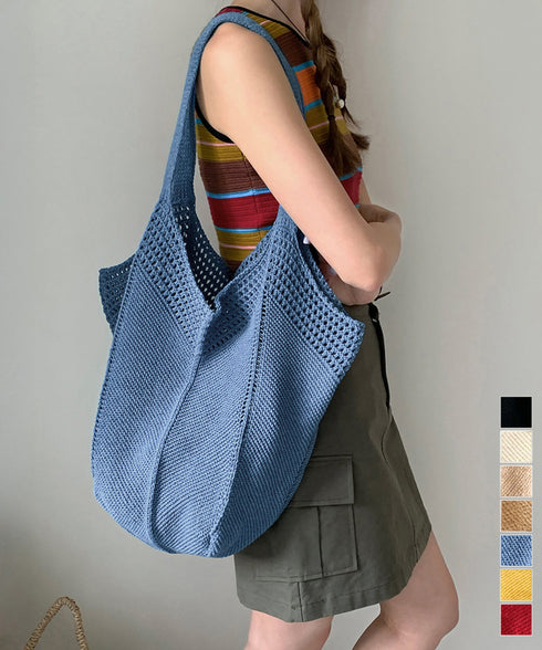 ニットバッグ 大容量トートバッグ肩掛け鞄 大きめナチュラルバッグ 透かし編みニット鞄 A4収納可 大人カジュアルサマーバッグ 韓国風カバン シンプル手提げバッグ 92TAYAN-001
