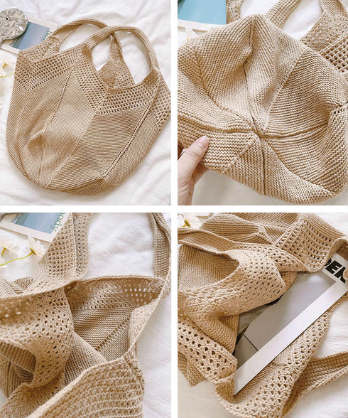 ニットバッグ 大容量トートバッグ肩掛け鞄 大きめナチュラルバッグ 透かし編みニット鞄 A4収納可 大人カジュアルサマーバッグ 韓国風カバン シンプル手提げバッグ 92TAYAN-001