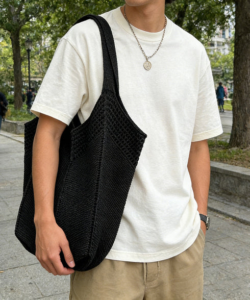 ニットバッグ 大容量トートバッグ肩掛け鞄 大きめナチュラルバッグ 透かし編みニット鞄 A4収納可 大人カジュアルサマーバッグ 韓国風カバン シンプル手提げバッグ 92TAYAN-001