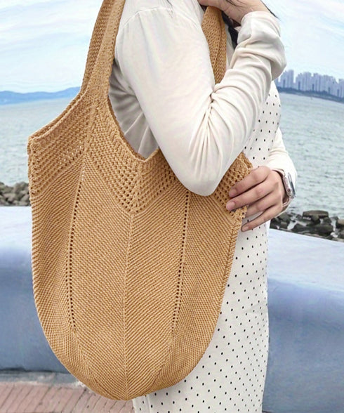 ニットバッグ 大容量トートバッグ肩掛け鞄 大きめナチュラルバッグ 透かし編みニット鞄 A4収納可 大人カジュアルサマーバッグ 韓国風カバン シンプル手提げバッグ 92TAYAN-001