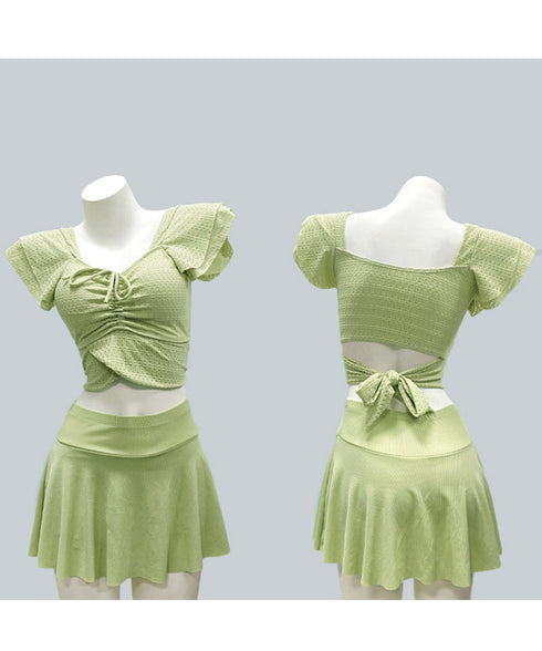 セパレート水着2点セット レディース水着 ドローストリングトップスフリル袖 チラ見え防止インナーパンツ付きフレアスカート 体型カバーママ水着 着やせ露出控えめ水着 92TCHUANG-001