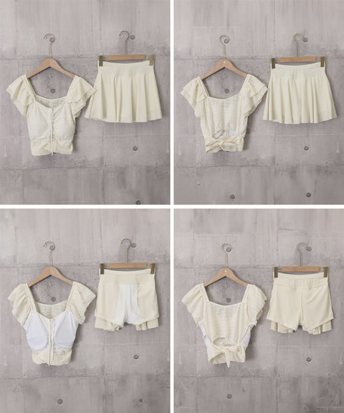 セパレート水着2点セット レディース水着 ドローストリングトップスフリル袖 チラ見え防止インナーパンツ付きフレアスカート 体型カバーママ水着 着やせ露出控えめ水着 92TCHUANG-001