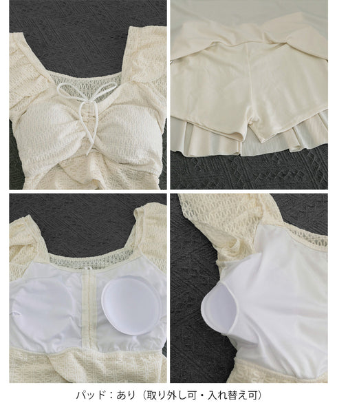 セパレート水着2点セット レディース水着 ドローストリングトップスフリル袖 チラ見え防止インナーパンツ付きフレアスカート 体型カバーママ水着 着やせ露出控えめ水着 92TCHUANG-001