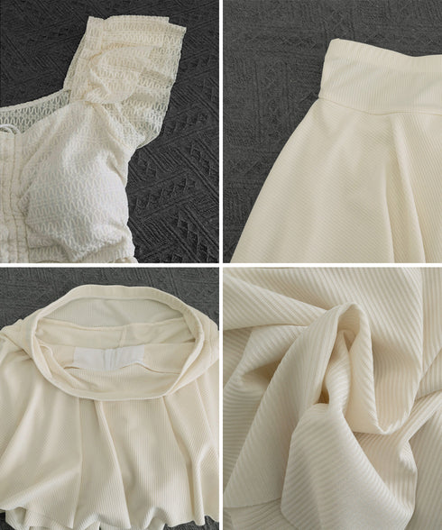 セパレート水着2点セット レディース水着 ドローストリングトップスフリル袖 チラ見え防止インナーパンツ付きフレアスカート 体型カバーママ水着 着やせ露出控えめ水着 92TCHUANG-001