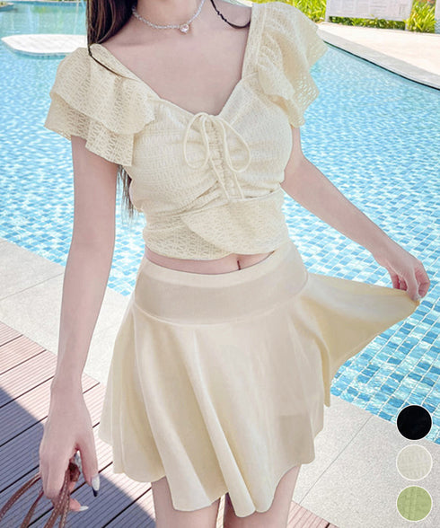 セパレート水着2点セット レディース水着 ドローストリングトップスフリル袖 チラ見え防止インナーパンツ付きフレアスカート 体型カバーママ水着 着やせ露出控えめ水着 92TCHUANG-001