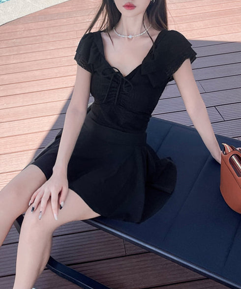 セパレート水着2点セット レディース水着 ドローストリングトップスフリル袖 チラ見え防止インナーパンツ付きフレアスカート 体型カバーママ水着 着やせ露出控えめ水着 92TCHUANG-001