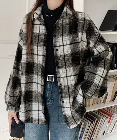 ビエラ起毛チェックシャツ 厚手ネルシャツ レディース ゆったりシャツジャケット 長袖チュニックシャツ ドロップショルダー春秋ライトアウター レトロ シャツアウター 92TINGWAN-001