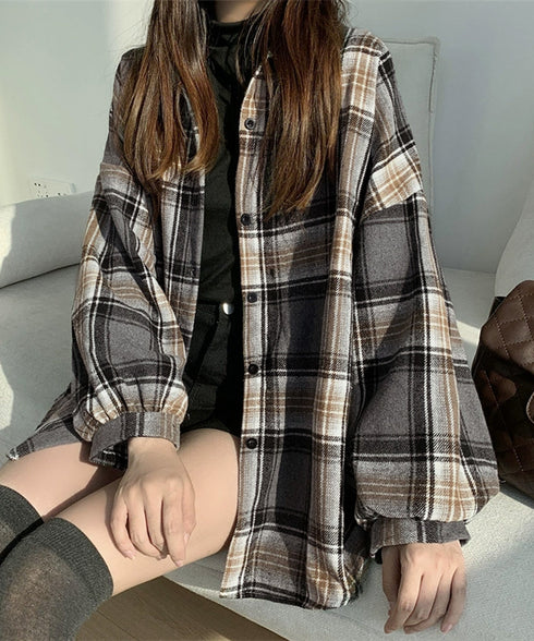 ビエラ起毛チェックシャツ 厚手ネルシャツ レディース ゆったりシャツジャケット 長袖チュニックシャツ ドロップショルダー春秋ライトアウター レトロ シャツアウター 92TINGWAN-001