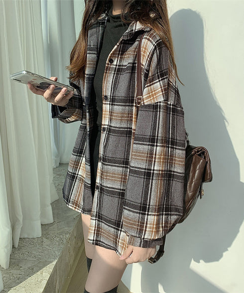 ビエラ起毛チェックシャツ 厚手ネルシャツ レディース ゆったりシャツジャケット 長袖チュニックシャツ ドロップショルダー春秋ライトアウター レトロ シャツアウター 92TINGWAN-001