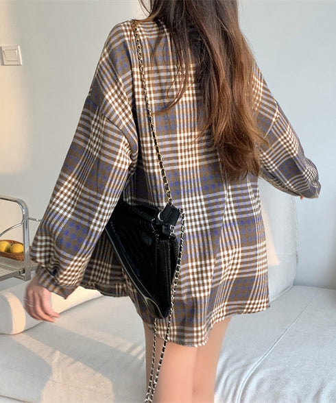 ビエラ起毛チェックシャツ 厚手ネルシャツ レディース ゆったりシャツジャケット 長袖チュニックシャツ ドロップショルダー春秋ライトアウター レトロ シャツアウター 92TINGWAN-001