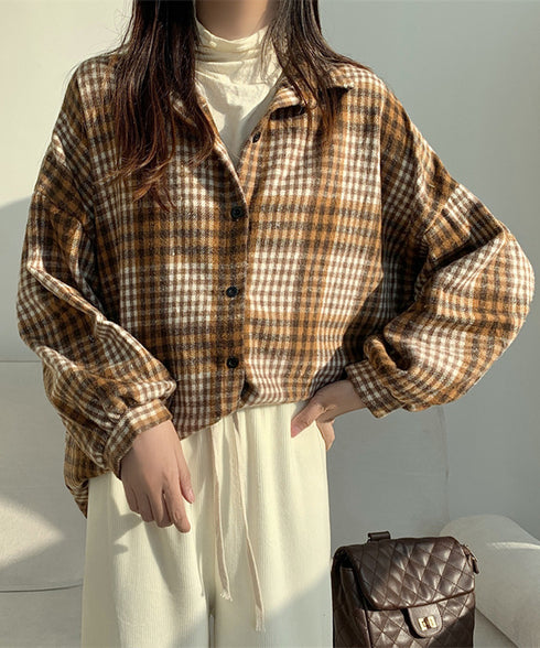 ビエラ起毛チェックシャツ 厚手ネルシャツ レディース ゆったりシャツジャケット 長袖チュニックシャツ ドロップショルダー春秋ライトアウター レトロ シャツアウター 92TINGWAN-001
