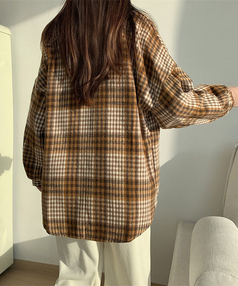 ビエラ起毛チェックシャツ 厚手ネルシャツ レディース ゆったりシャツジャケット 長袖チュニックシャツ ドロップショルダー春秋ライトアウター レトロ シャツアウター 92TINGWAN-001