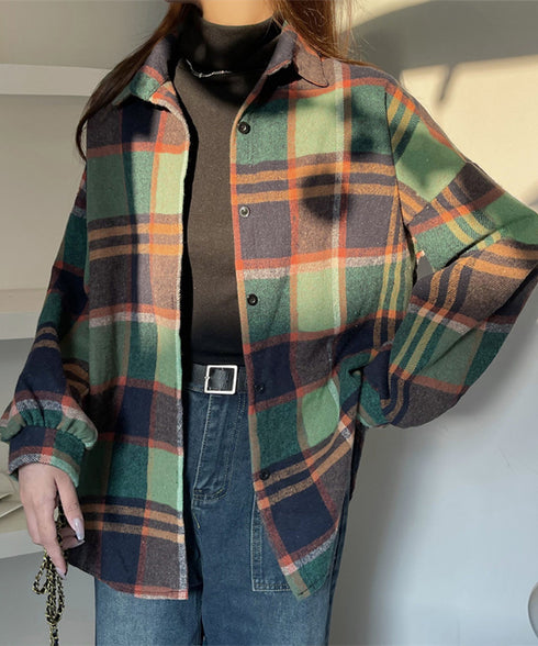 ビエラ起毛チェックシャツ 厚手ネルシャツ レディース ゆったりシャツジャケット 長袖チュニックシャツ ドロップショルダー春秋ライトアウター レトロ シャツアウター 92TINGWAN-001